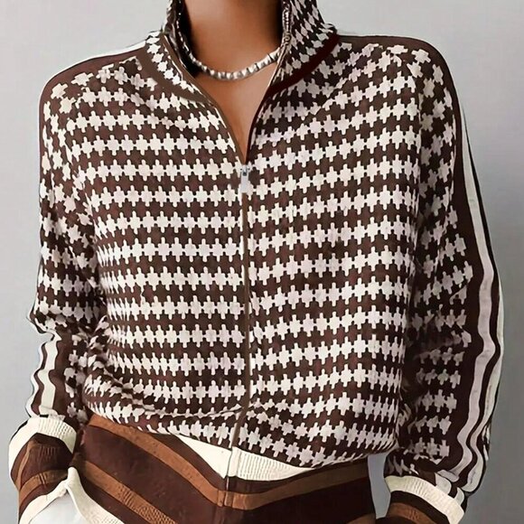 Multicolor Casual Women's Pattern Zippered Knitted Stand Collar Cardigan - Picture 3 of 3